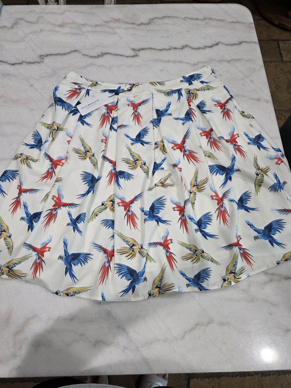 Molly Bracken White Circle Skirt with Blue, Red & Yellow Parrots